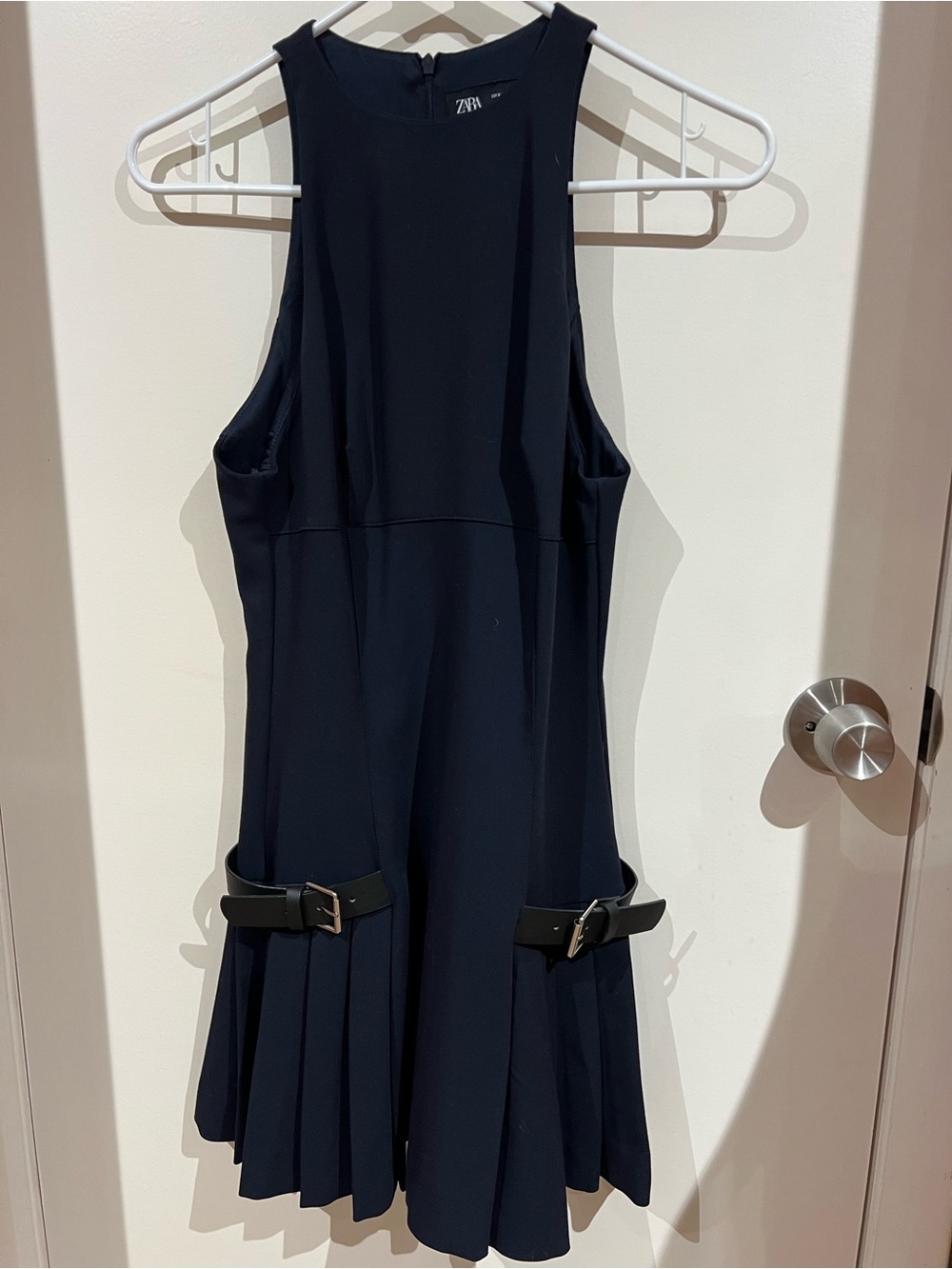Zara Navy Sleeveless Pleated Mini Dress with Buckle Straps